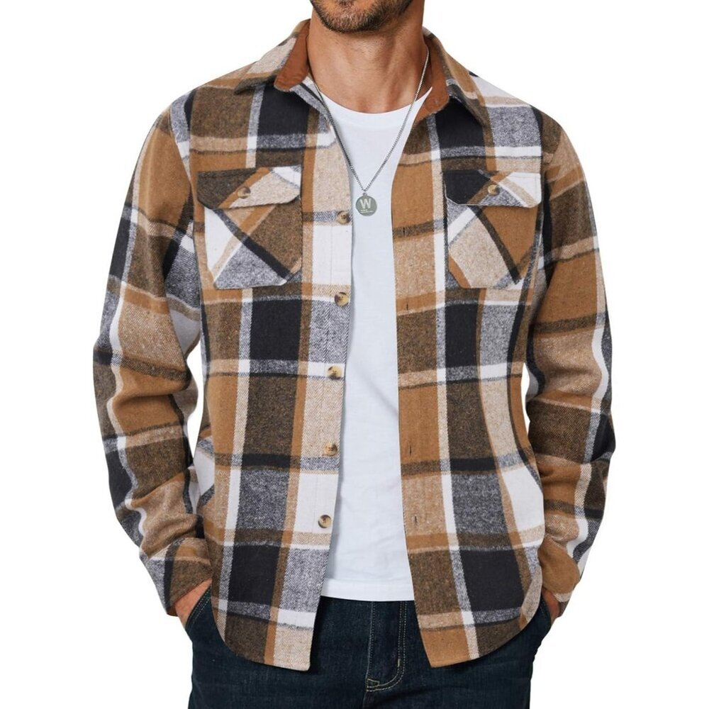 Coofandy Men Khaki-black Flannel Plaid Button Down Jacket Shirt with Pockets